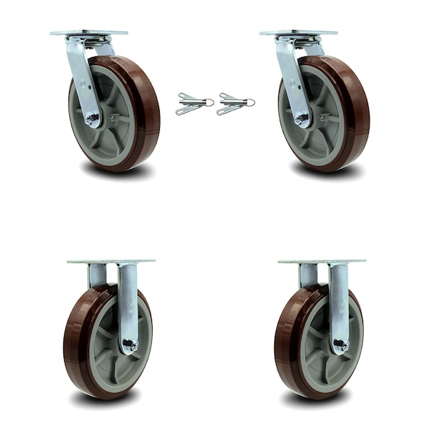 Service Caster 8 Inch Polyurethane Caster Set with Roller Bearings 2 Swivel Lock 2 Rigid SCC SCC-30CS820-PPUR-BSL-2-R-2 - main